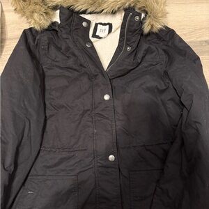 GAP Women's Black Utility Jacket with Faux Fur Trim